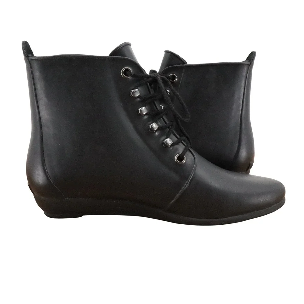Loeffler Randall Black Lace Up Ankle Rain Boots Womens 7 Waterproof Rubber